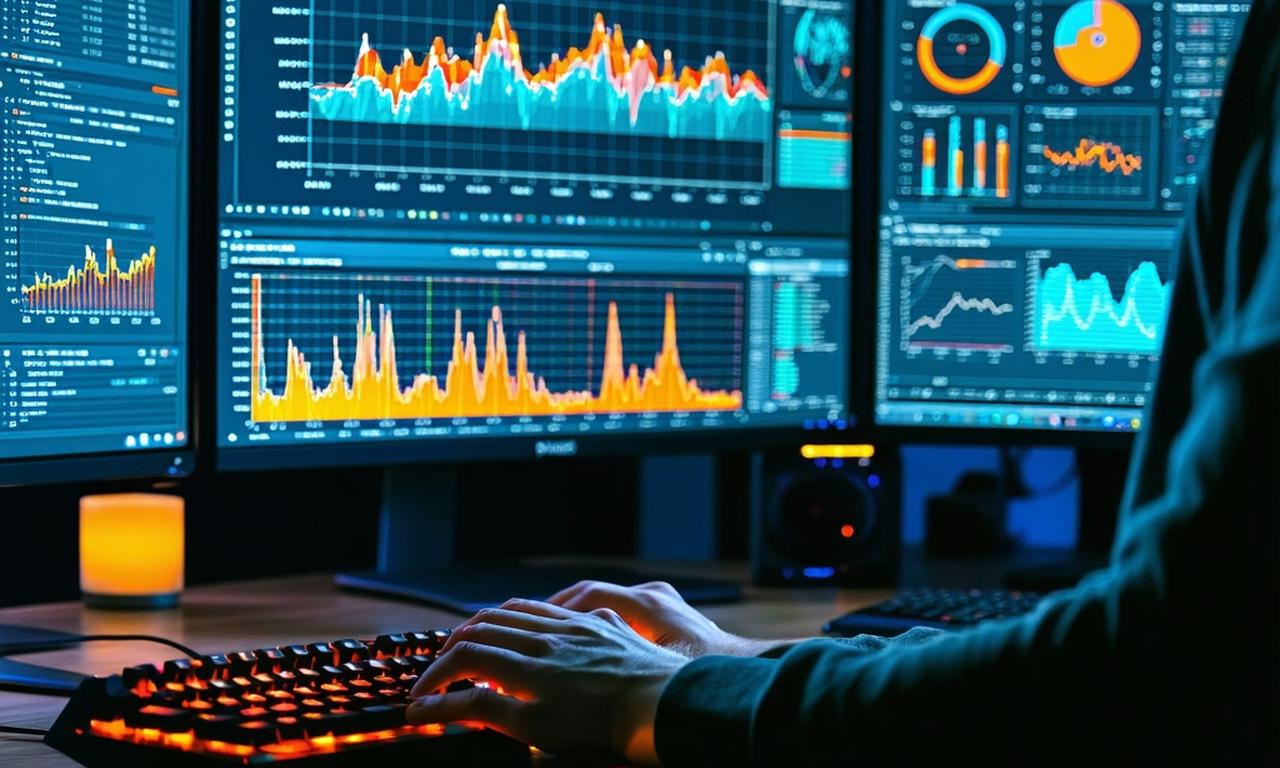 A person working on a multi-monitor setup with data visualizations