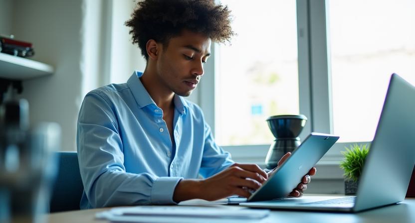 Person using a tablet and smartphone with data overlays